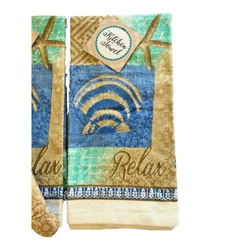 Shells Starfish Kitchen Dish Towels Oven Mitt Potholder Set of 4 Beach Summer
